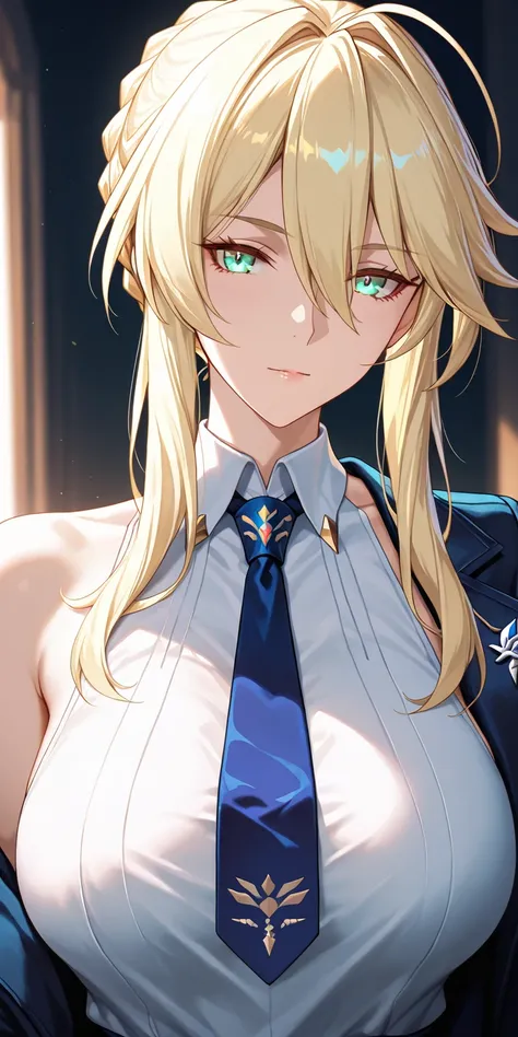 Masterpiece, very aesthetic, vibrant, high contrast, elegant mature woman, artoria pendragon (lancer), upper body, tie, sleeveless collared shirt, side boobs, open jacket, soft light, honkai: star rail cg style