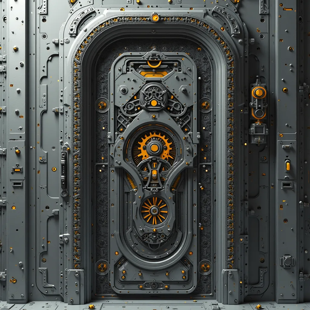 High detailed sci-fi door panel design, intricate mechanical details, engraved metal, hard surface patterns, ultra-realistic texture, 8K