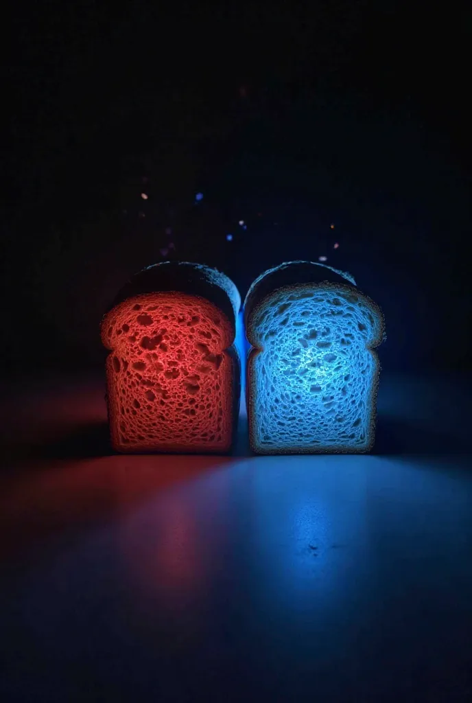 in a dark space, and the bread and lottery tickets are placed side by side in order on the right side of the, On the left side where the bread is located, the red light is on the left side, On the right side of the lottery ticket, make a picture that looks...