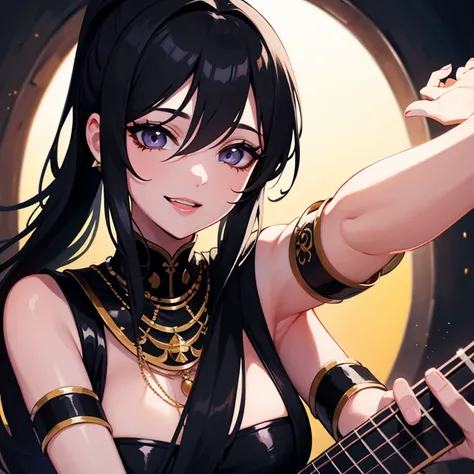 adult woman,large eyes,long eyelashes,black hair,straggling hair,ponytail hair,songstress,Singing,smile,goddess