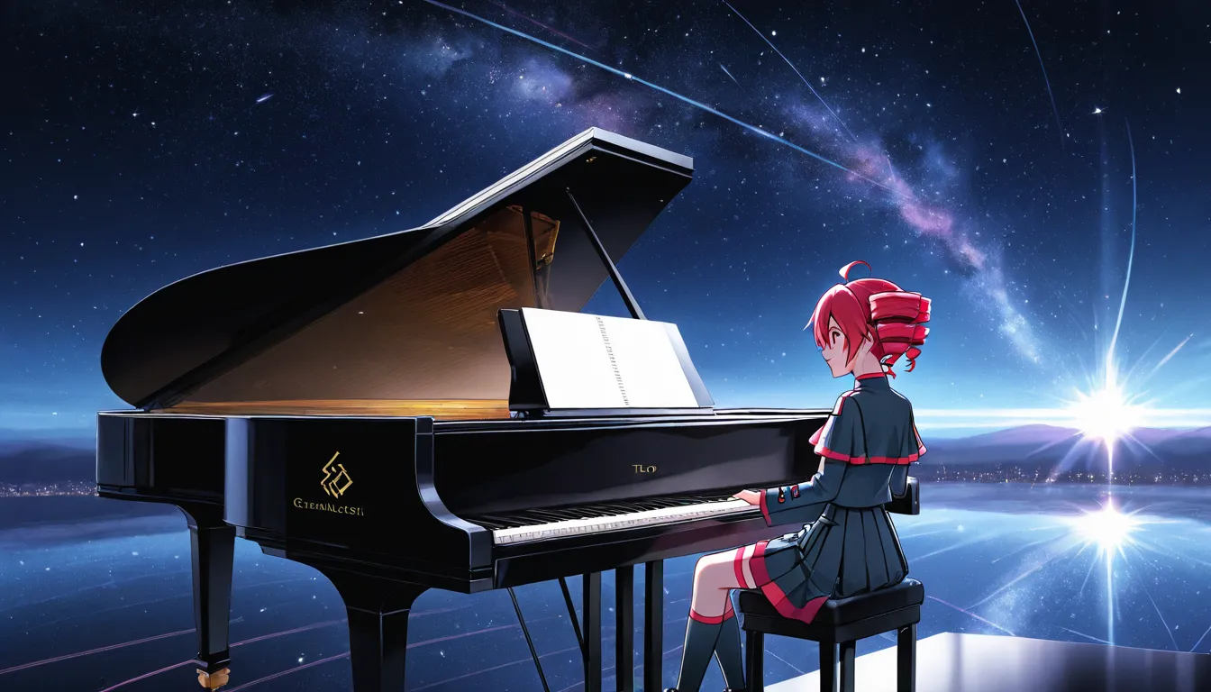 Kasane Teto in a dark, grand, and fantastical space. There is a grand piano.