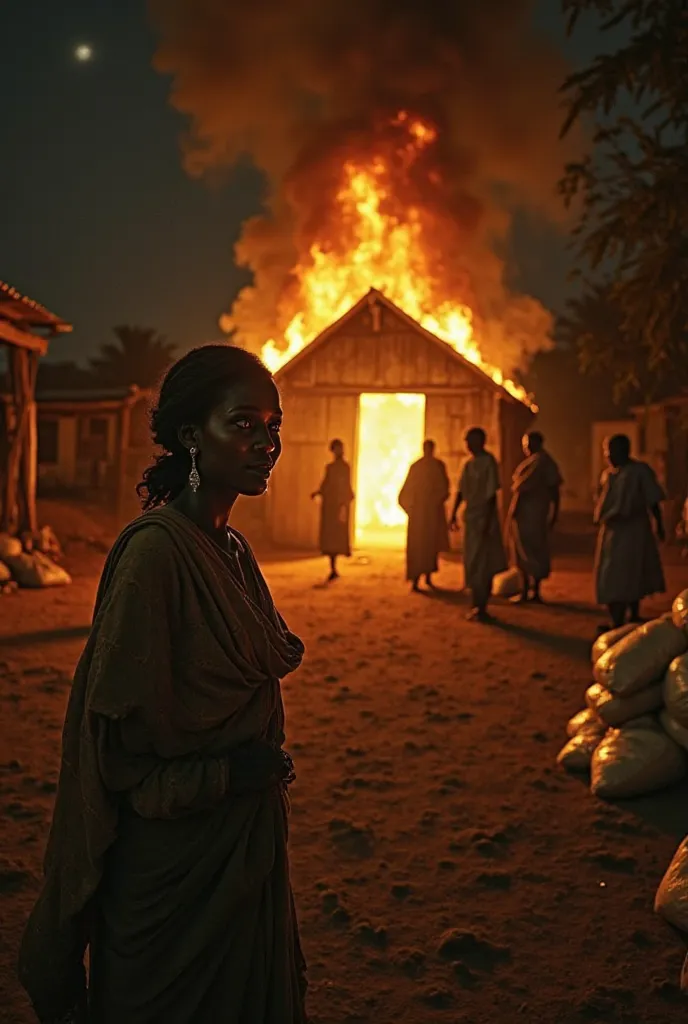 3. The Tragic Fire

A nighttime scene of a small wooden shed engulfed in flames, with Amina standing outside in shock, tears streaming down her face. The fire illuminates the dark surroundings, casting shadows on the worried villagers rushing to help. Bags...