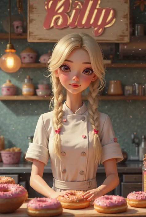 Blonde girl with two clients' hairdo on the sides and slim with dark eyes and pink lenses, dressed as a chef in a kitchen making Donuts and with a sign above that says Billy