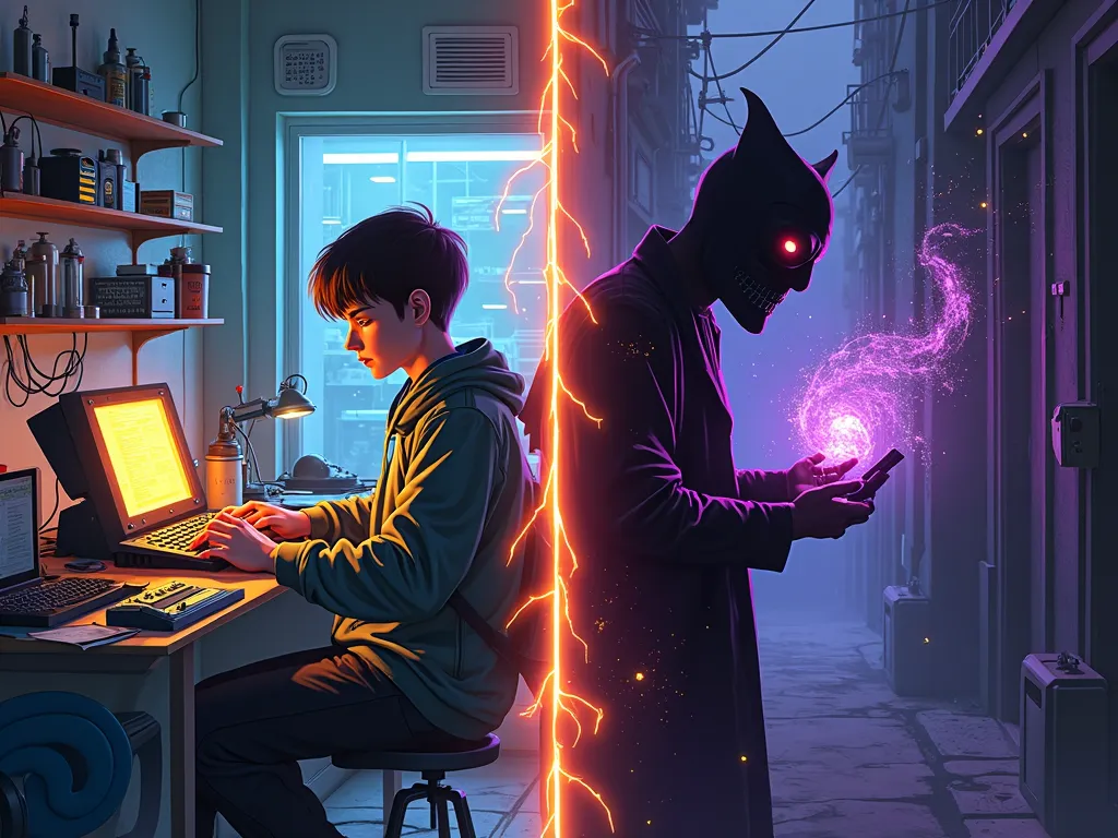 The left half shows a 17-year-old repairing a light-emitting console in a bright repair shop(Ghost has a golden phoenix shape)，The right half shows a villain wearing a black skull hat manipulating purple data in a dark alley，The middle dividing line consis...