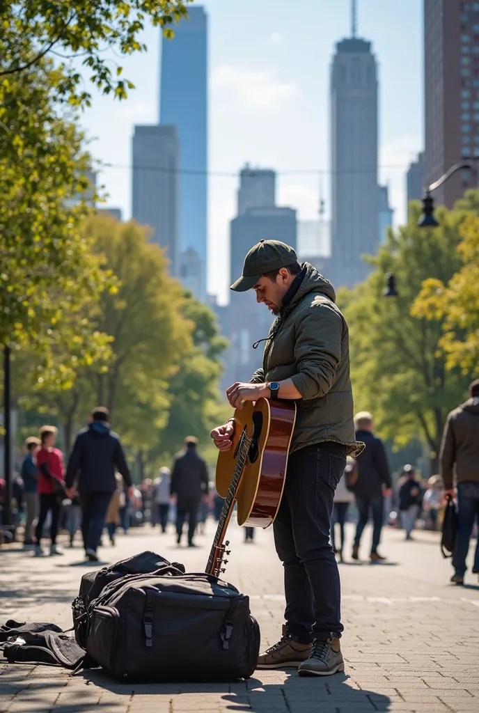 Photo 1: The Setup (Beginning)
Description: A wide-angle shot of a street musician arriving at a busy urban park, unpacking a guitar case on a sunny morning. The camera angle is low, looking up at the musician to emphasize their determination and the tower...