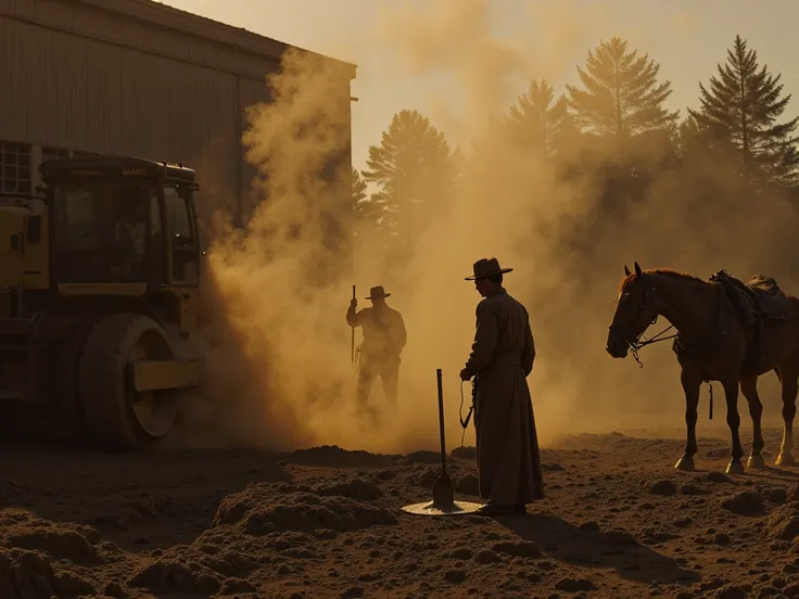 Low-angle shot with a smooth tilt upward—the roller moves heavily, flattening the gravel, steam rising into the sky. Workers methodically wield their shovels, their faces covered in dust. The camera shifts to the horses, their tired eyes reflecting the sun...