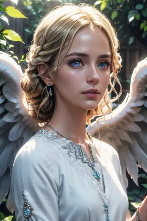 AngelTekken, 1girl, solo, blonde hair, blue eyes, white dress, jewelry, bracelet, feathered wings, angel wings, angel