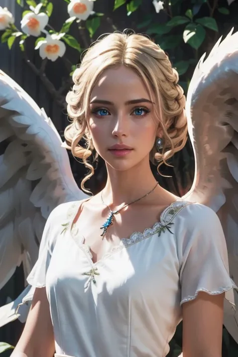 AngelTekken, 1girl, solo, blonde hair, blue eyes, white dress, jewelry, bracelet, feathered wings, angel wings, angel