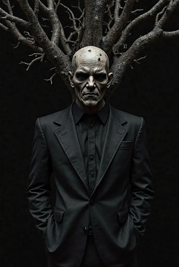 the background is black. In front of her, a bust of a face surrounded by a tree roars, my face is visible, metal nails hanging out of his head, is in a suit, all black, dark tones