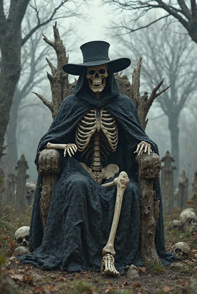 Old skeleton with black cover, antique black hat, using a tree branch cane, Sitting on a skull throne in the middle of the cemetery 