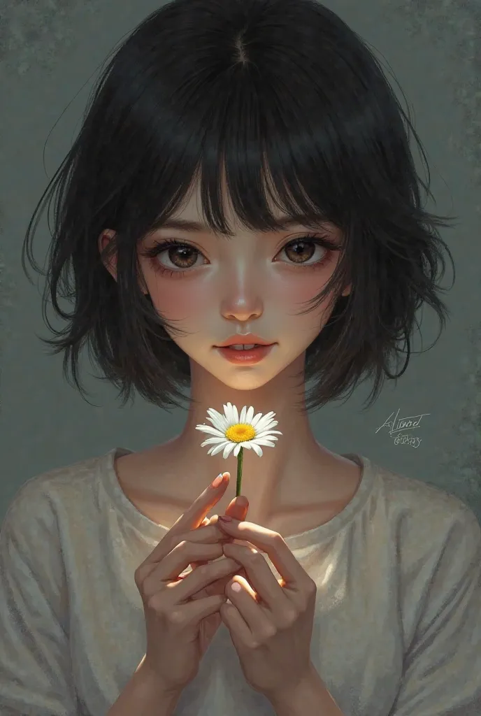 The  beautiful girl is holding a daisy flowers and she has black hair and black eyes. she's cute. her hair short 