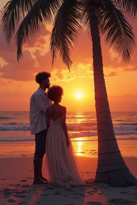 A black man and woman with black kinky hair admires a sunset on a beach. She wears a long dress. She is leaning on a palm tree. it is a song cover artwork for a song titled (Gender Equality) and the athe na