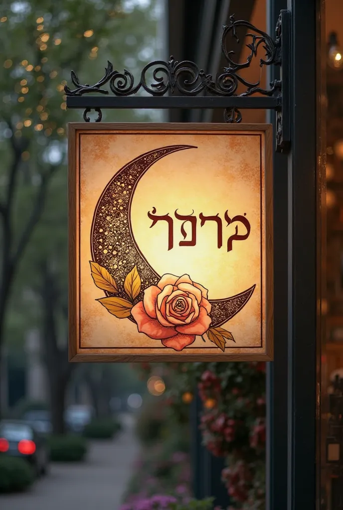 Please draw a logo to put Solagratia in the shape of a moon and rose in Hebrew and put it on a nice and pretty sign