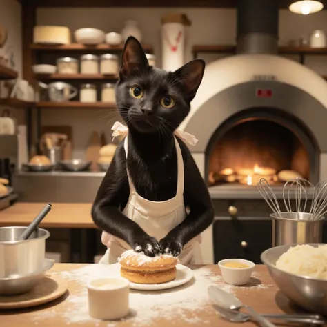 The background is a pastry shop kitchen。A cute, anthropomorphic black cat is making a whole cake。