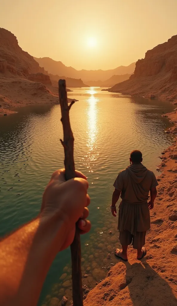 An ultra-realistic point-of-view image (throw), capturing the first-person perspective of a man at the edge of a river in an arid landscape of ancient Israel, 1100 a.c.. The character's hands and body parts are visible,  holding a staff, creating the feeli...