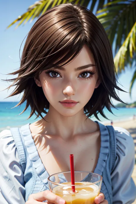 ((ultra detailed, masterpiece, absurdres))
 TKAsuka, 1girl, brown hair, brown eyes, at the beach, holding a cocktail, palm trees, ocean, sand