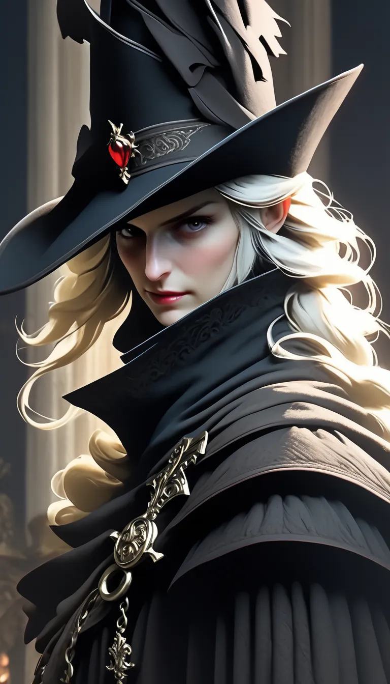 Lady Maria, a character with a gothic and mysterious style. The subject is a pale-skinned woman with long, flowing white hair partially obscured by a wide-brimmed, dark hat. Lady Maria's face is partially shadowed, with a visible eye that is intense and pi...