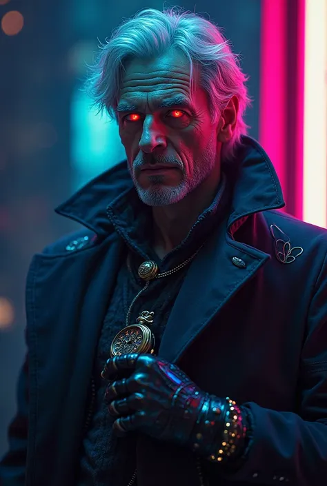 ultra realistic image, 4k of A very handsome middle-aged man with a mysterious and enigmatic appearance. His hair is gray and slightly disheveled, with bluish and greenish highlights reflecting neon light.  Your eyes shine brightly , in a red tone ,  trans...