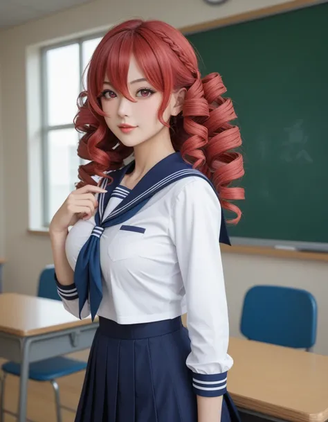  side top twin tail、Red Curly Hair、bangs、 slim body 、big breasts、 ball shaped breasts 、 red eyes、 Red Contact Lenses、 hair between eyes、赤い髪、Kind Face、drill curls 、beautiful Japanese woman、 5 fingers on right chest、Real women、 slim body 、 schoolgirl in sail...