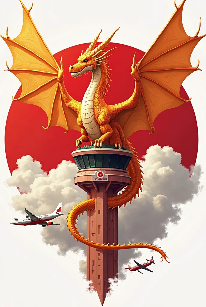 Logo of an air traffic controller — orange dragon — red and white — red and white dragon — aircraft control tower — Royal Air Maroc and EOC 9 written