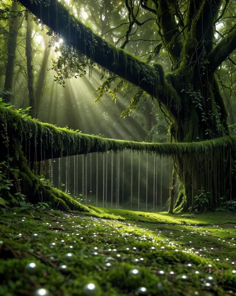 Golden rays penetrate the canopy ,  refracts the shadow of the foliage dancing over the mossy ground .  The morning dew hangs on the cobwebs ,  gleaming like mini pearls hidden among the ancient roots."**  