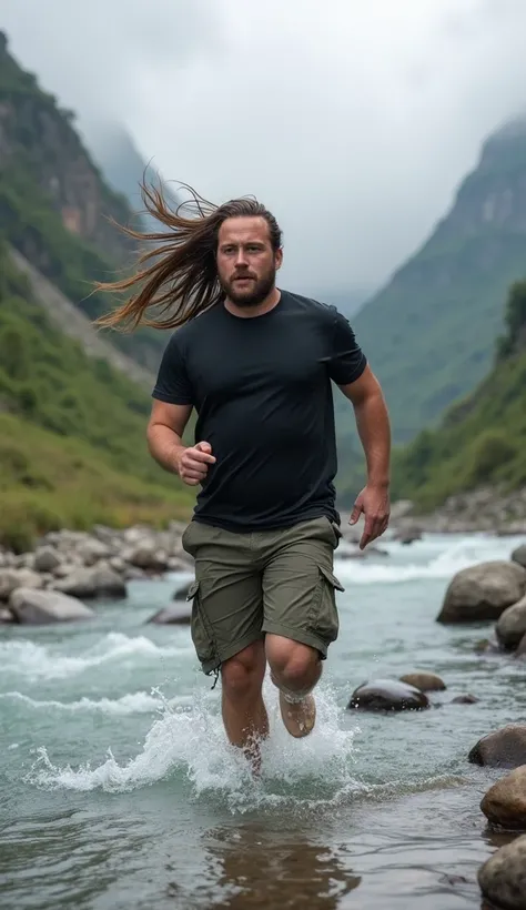 Slightly chubby guy's very long straight hair unraveled, wears a plain black t-shirt and cargo shorts, running in shallow river with natural rocks and very clear water , background of mountainous valley and thick fog enveloping the valley valley