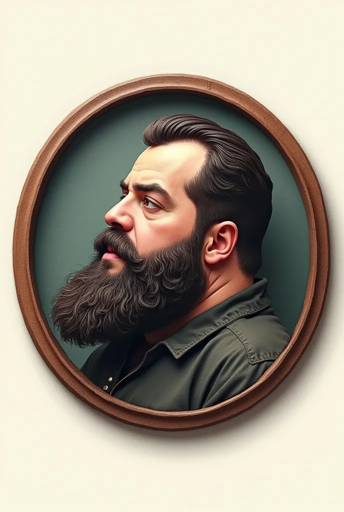 Round rubberized emblem with the face in profile of a fat bearded man 