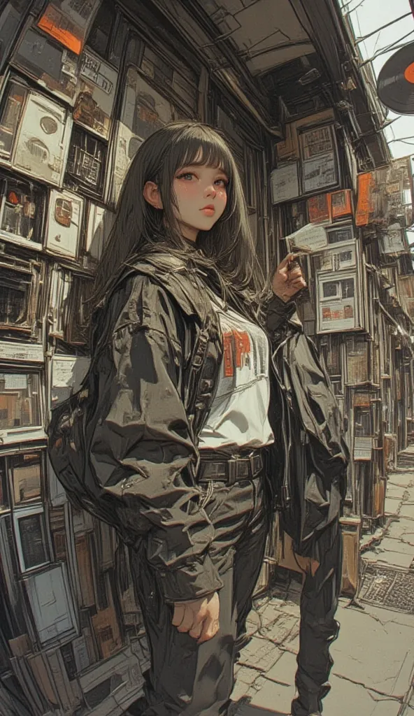  Fisheye 、Cartoon photo of a beautiful woman standing in front of a record store,  street casual、long hair、Bob Singer,  Adrienne Tomine , cartoon photo of a man standing in front of a record store, Digital rendering inspired by Chris Ware , Cliff Chan , Mu...