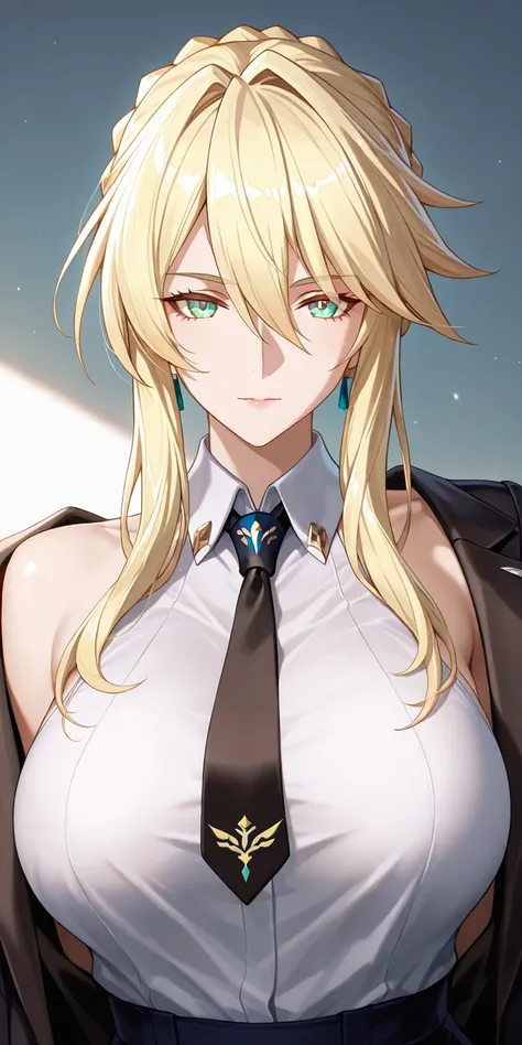 Masterpiece, very aesthetic, vibrant, high contrast, elegant mature woman, artoria pendragon (lancer), upper body, tie, sleeveless collared shirt, side boobs, open jacket, soft light, honkai: star rail cg style