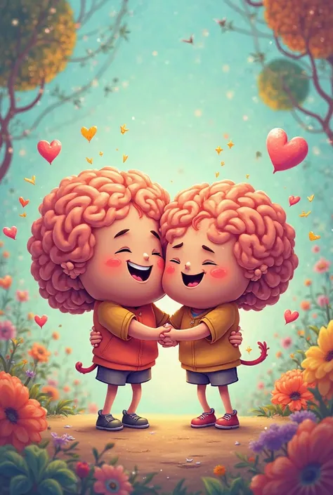 2 brain brothers having a hug in cartoon colorful
