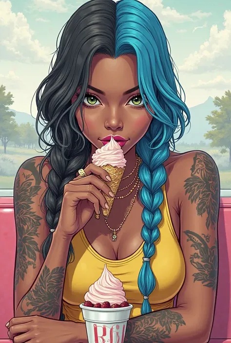 Realistic illustration from the manga cartoon hero turning into a black-skinned woman (raven tattoos) , long split hair ( right side color blue and left color pink) , green eyes, Braids hair. Unbiased look, dressed in white and yellow sitting waiting while...