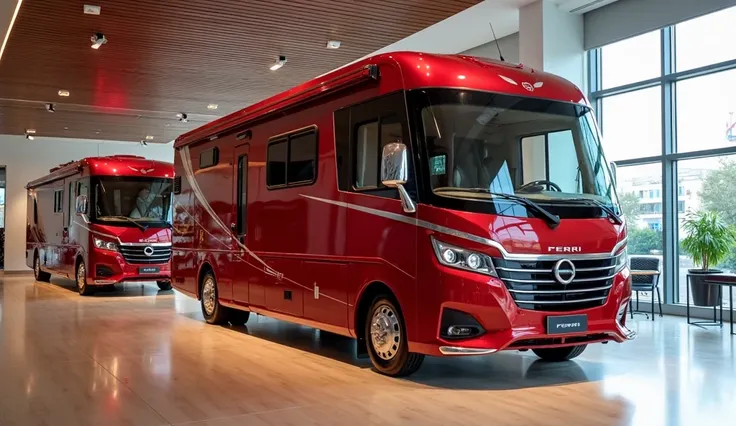 Genrate images of ferri motorhome luxury vehicles of red color in a showroom interior design