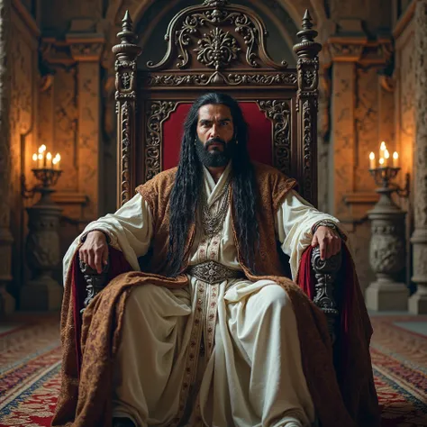 A fifty-year-old wizard king, of striking Arab features and austere beauty, is seated comfortably on his imposing carved wooden throne, in the heart of his large castle room. Your long, dark hair is meticulously braided, elegantly hanging over his shoulder...