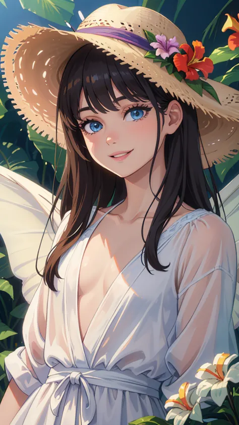 Beautiful young man with colorful curly hair like a slender older sister with long hair。White summer clothes。 Straw Hat。Butterfly Wings。The background is a tropical flower々 rivers flow quietly and 。