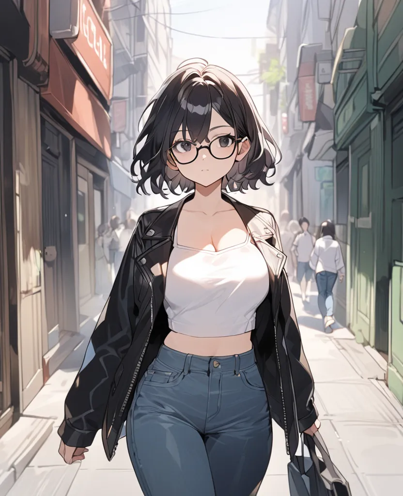  A 17-year-old girl ,  short black hair, black glasses and black eyes ,high,  thin, Big breasts. Wearing a white button-down crop top blouse with an open neckline, over a black leather jacket and green baggy jeans walking in a square. Front shot of the gir...