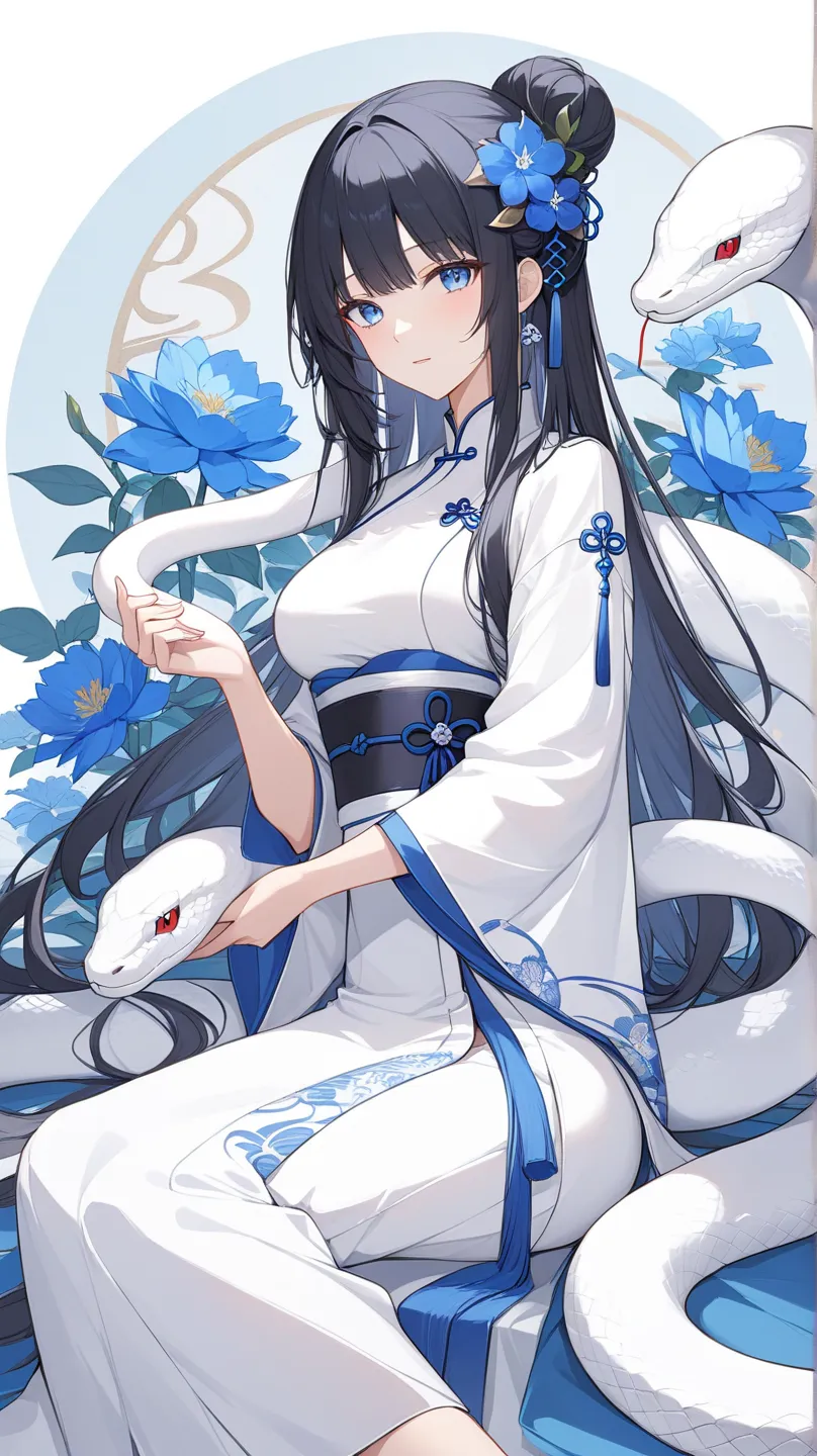 solo, a girl wearing a white aodai, petting a white snake, blue flower in background, Chinese theme, absurdres, masterpiece, best quality, UHD