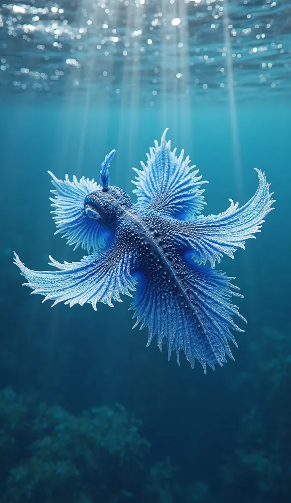 A hyper-realistic and highly detailed Blue Dragon (Glaucus atlanticus) floating on the surface of the ocean. Its deep blue and silvery-white body contrasts sharply with the clear, sunlit water. Its delicate, wing-like cerata spread out gracefully, resembli...