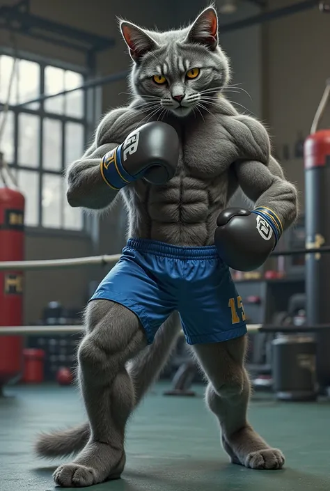 There is a gray cat strong muscle looking like a strong man wear a blue short practice kik boxing in a gym