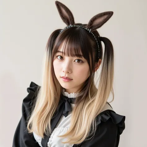  long hair, There are two-tone bangs for blond and black hair、Longer long hair、 light background、Black maid outfit、rabbit ear headband、Super long hair twin tails