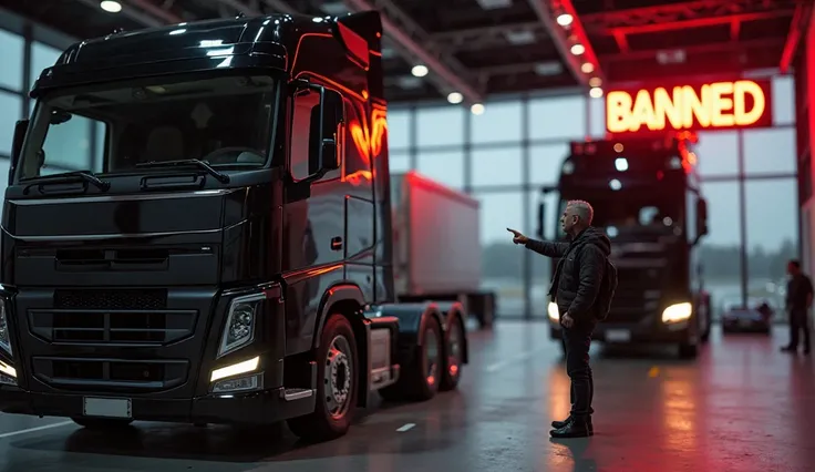 Cultural Clash: "U.S. trucker pointing angrily at black FH16 in showroom, blurred truck 20 feet away, neon ‘BANNED’ sign on wall." (Vehicle: Volvo FH16 | Color: Glossy Black | Showroom & Highway Scenes | Far Distance + Police Interaction)