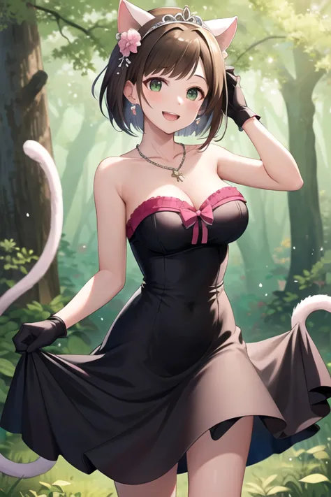  masterpiece, TOP QUALITY, high definition, Look Ahead,  short hair, tooth, Cat tail,  hair bow,   animal ears, tiara, hair ornaments close to the garden,  Hair Flower, earrings, necklace,  shoulder out, Chest, big breasts, black dress,  strapless dress st...