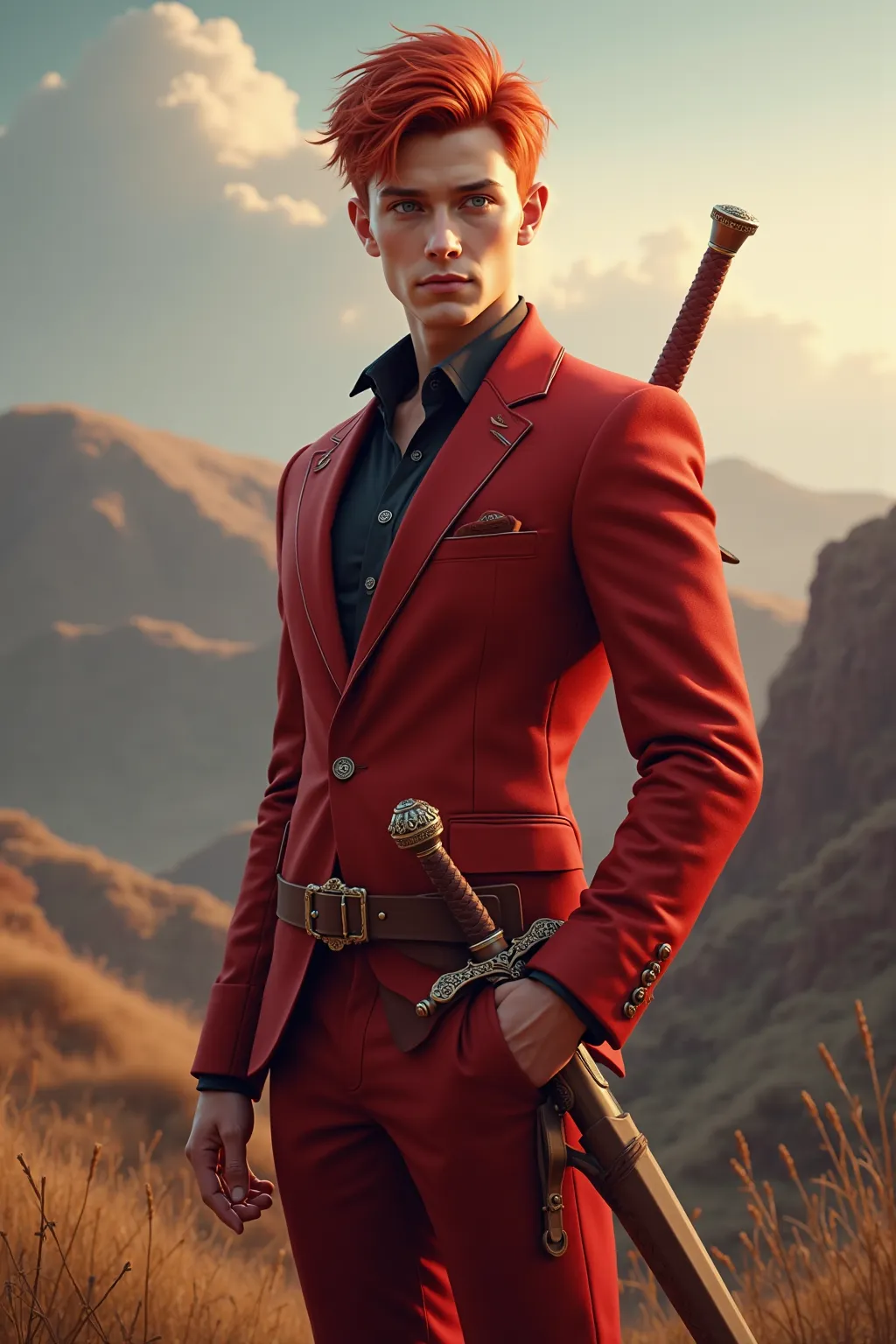 Young man with short red hair in a red suit and a sword on his hip 