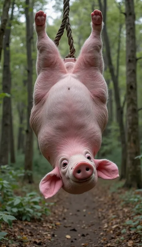 a giant pink pig upside down, he just got caught in a trap in the middle of the forest, the trap caught him by the legs, he is upside down
