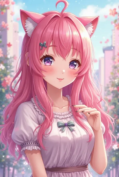 Kawaii-style egirl with cat ears and pink long hair