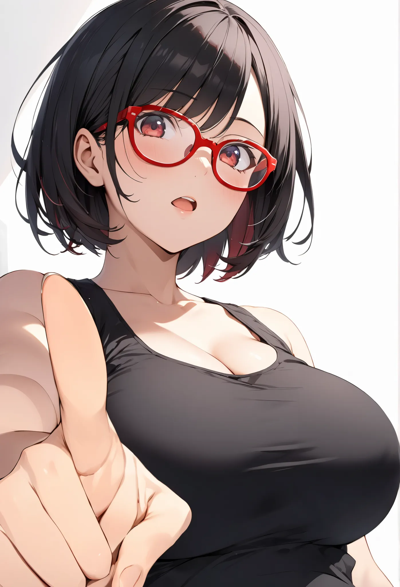 angle from below、 Short black hair、black tank top、big tits25、 red glasses、Pointing