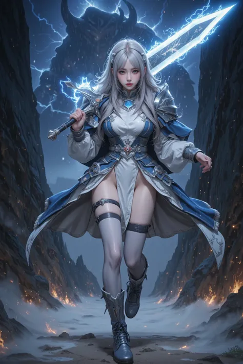 A breathtaking female hunter, clad in the legendary Kirin armor, dashes through a storm-ridden battlefield, her silver-white hair whipping through the wind as arcs of electricity crackle around her. Her piercing, lightning-infused eyes lock onto her prey, ...