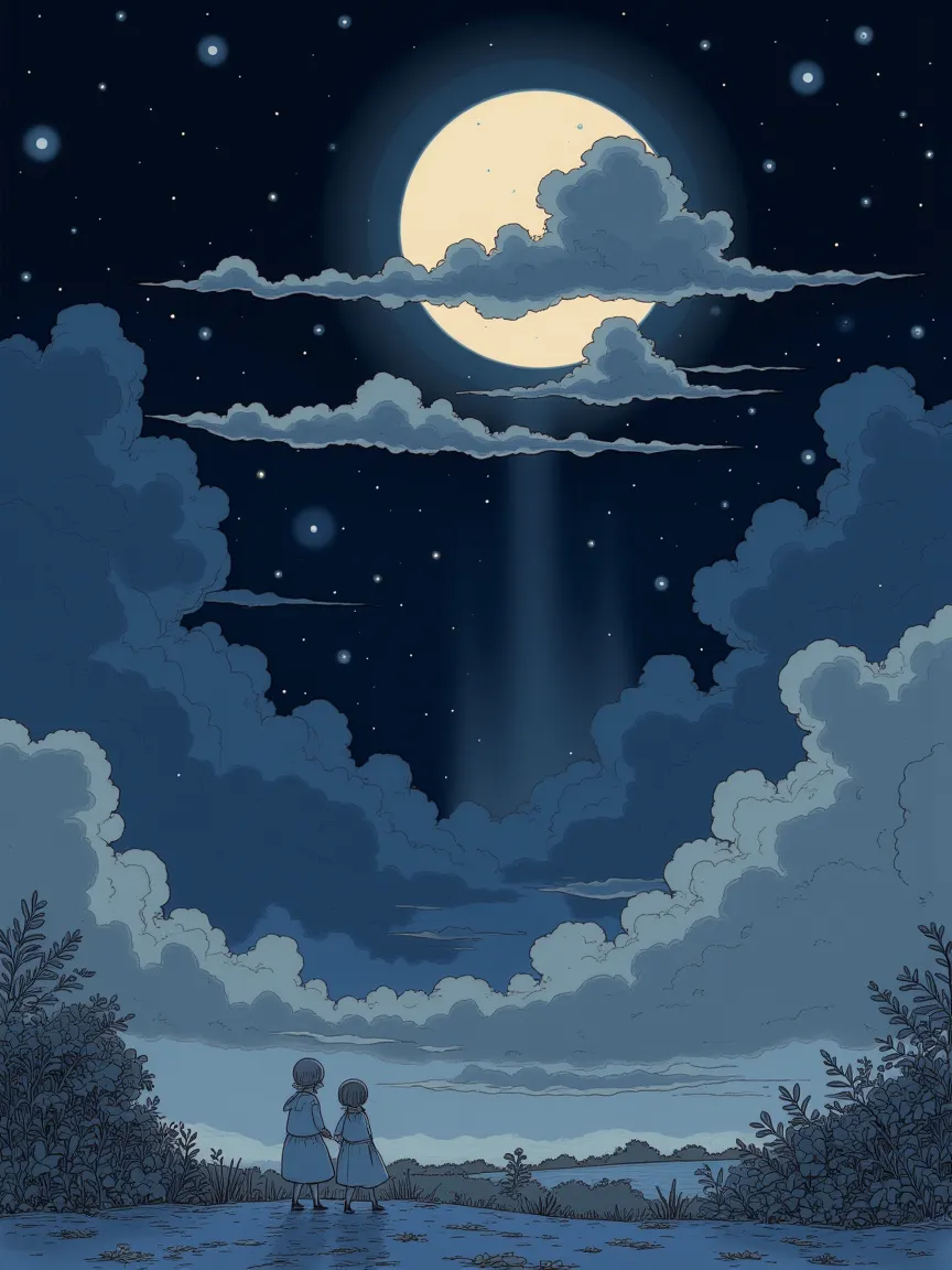 Night Sky, (One cloud),  full moon, moonlight, blue black sky , star, Silence,  romantic,  Fantastic, dreamy, Story-like atmosphere