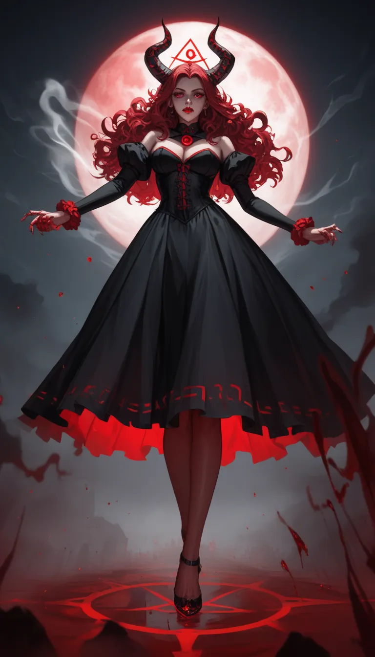 (masterpiece, best quality, 8k, extremely detailed),
a towering demoness with massive, twisted horns,
long swirling hair merging with black smoke or shadow,
blood-red eyes glowing with malevolent power,
wearing a form-fitting, ornate black gown dripping wi...