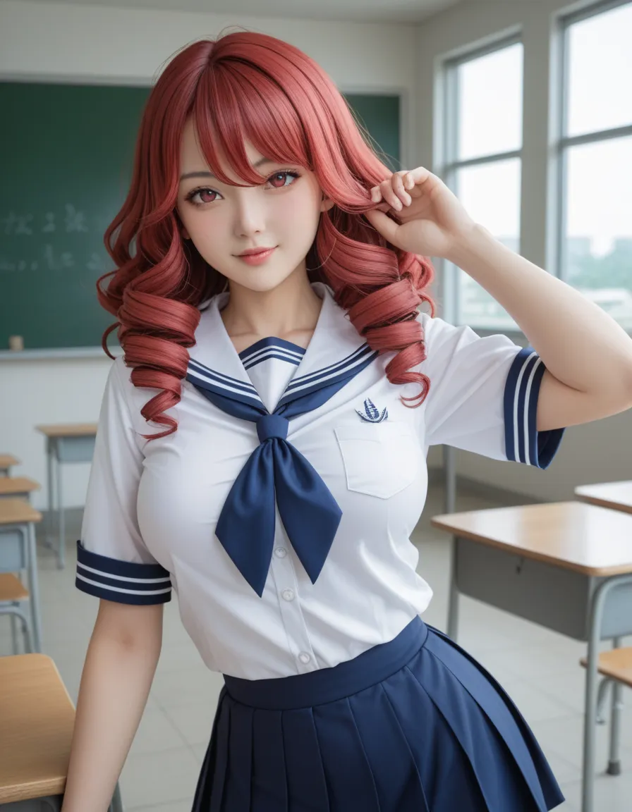  side top twin tail、Red Curly Hair、bangs、 slim body 、big breasts、 ball shaped breasts 、 red eyes、 Red Contact Lenses、 hair between eyes、赤い髪、Kind Face、drill curls 、beautiful Japanese woman、 5 fingers on right chest、Real women、 slim body 、 schoolgirl in sail...