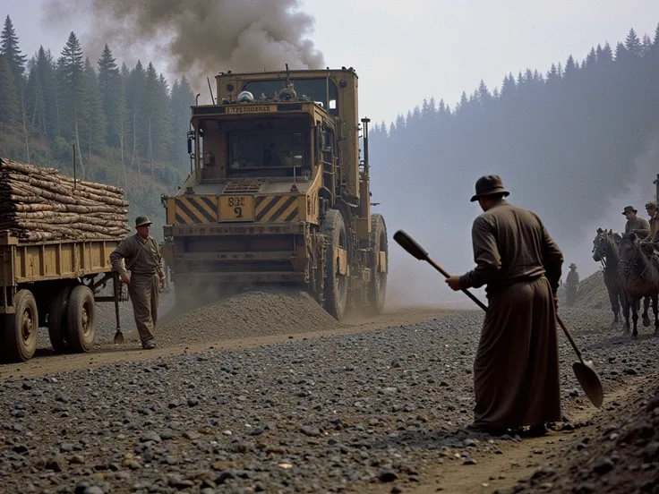 The steamroller moves heavily, flattening the gravel as steam rises into the sky. Workers methodically wield their shovels, leveling the roadside, their faces covered in dust. The camera shifts to the horse-drawn wagons carrying logs. The whole world is in...